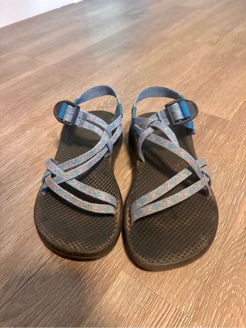 Chaco Women's Strappy Sport Sandals - Blue Multicolor Straps, Black Footbed